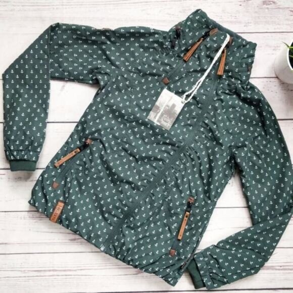 NWT NAKETANO Anchor Print Dark Green High Collar Zip Up Fall Jacket S - Picture 1 of 8